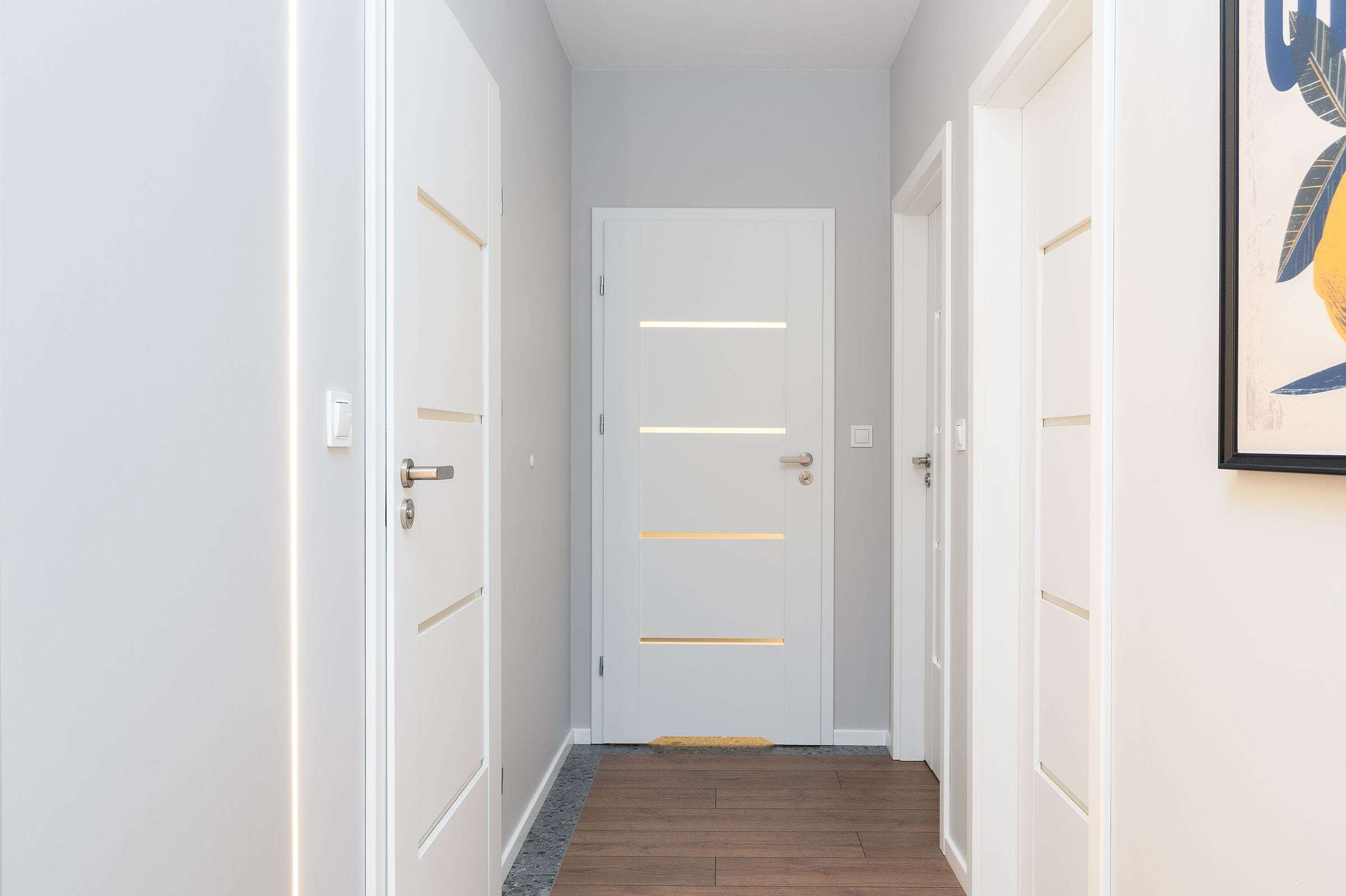 Couloir aux murs et aux portes repeints en blanc, appartement à Lausanne